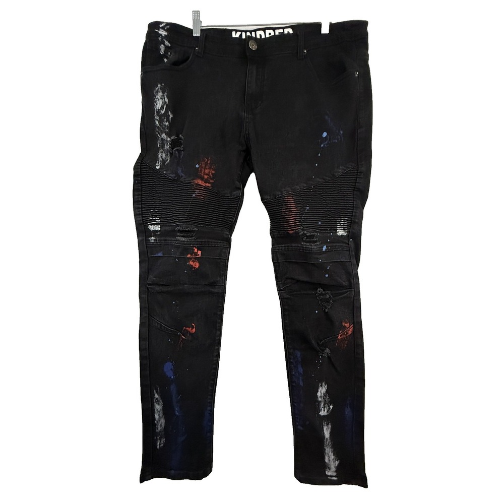 Kindred Biker Jeans Mens 38x29 Black Paint Splatter Distressed Moto Denim